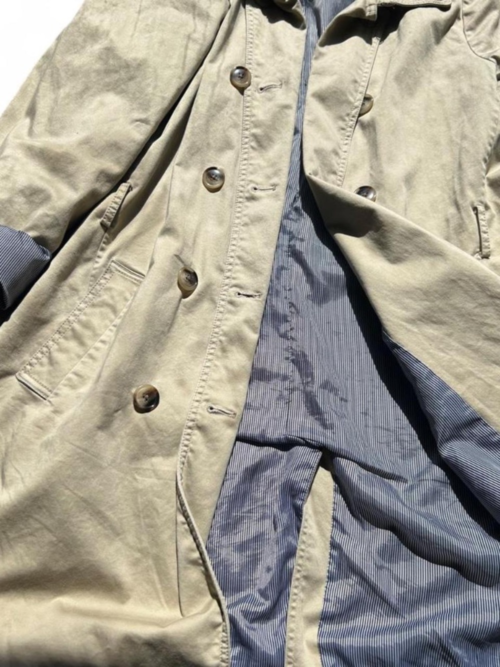 Style & Co XL Khaki Dbl Breasted Trench Coat Striped Lining No Waist strap